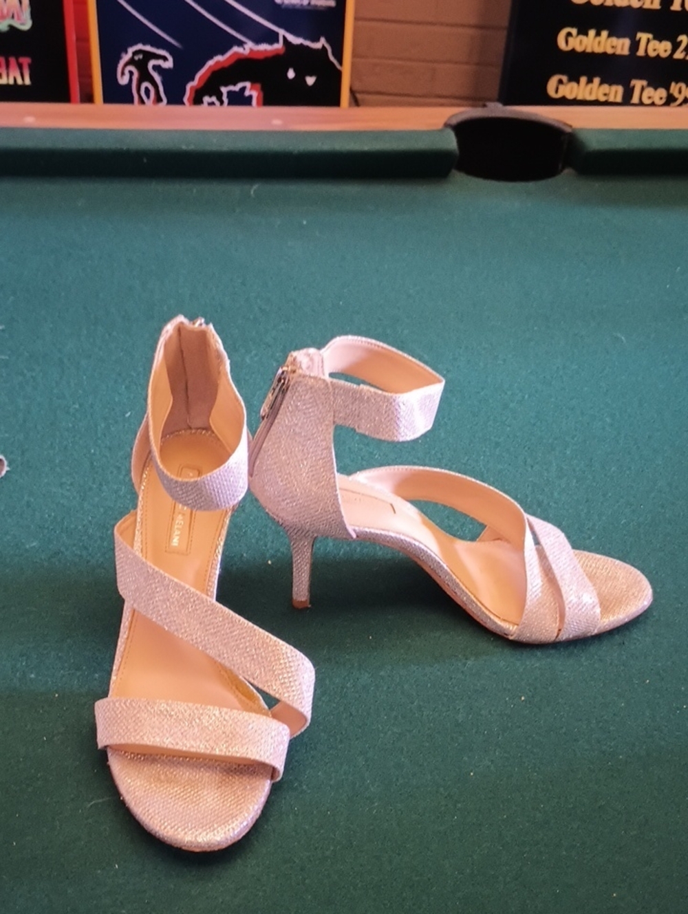 ANTONIO MELANI Shimmery Silver Strappy Ankle-Heel Sandals